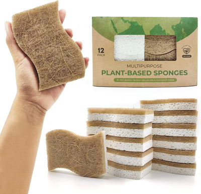 Natural Kitchen Sponge - Biodegradable Compostable Cellulose and Coconut Scrubber Sponge - Pack of 12 Eco Friendly Sponges for Dishes