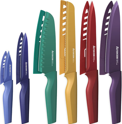 Knife Set, 12 Pcs Color-Coded Kitchen Knife Set, 6 Color Anti-Rust Coating Stainless Steel Kitchen Knives with 6 Blade Guards, Dishwasher Safe