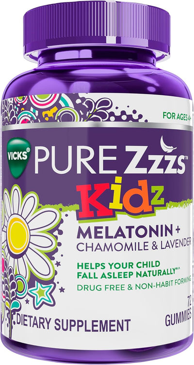 VICKS PURE Zzzs Kidz, Melatonin Sleep Aid Gummies for Kids and Children, Helps Your Child Fall Asleep Naturally, Low Dose Melatonin, 72 Gummies