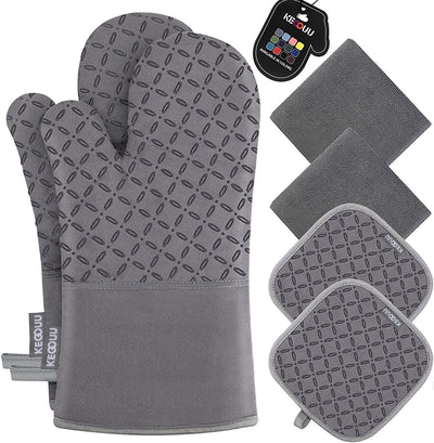 Oven Mitts and Pot Holders 6Pcs Set, Kitchen Oven Glove High Heat Resistant 500 Degree Extra Long Oven Mitts and Potholder with Non-Slip Silicone Surface for Cooking (Grey)