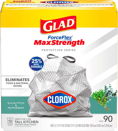 Forceflex Maxstrength with Clorox Tall Kitchen Drawstring Trash Bags, 13 Gallon Grey Trash Bags, Eucalyptus and Peppermint Scent, 90 Count