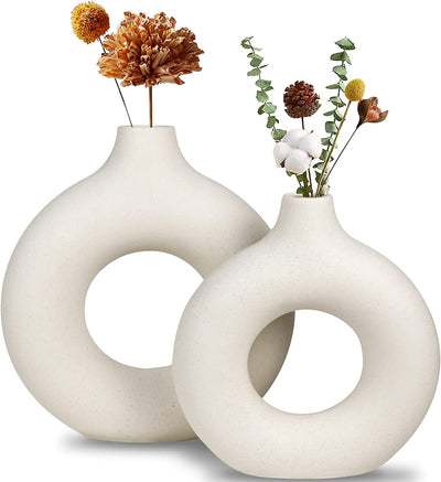 White Ceramic Vase, Modern Vase for Minimalist Decor, Hollow round Matte Pampas Flower Vases for Boho Home Wedding Party Room Dinner Table Shelf Decor (2Pcs)