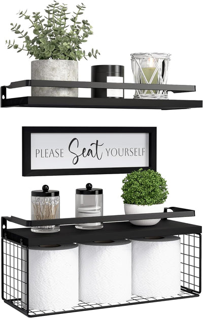 Floating Shelves with Wall Décor Sign, Bathroom Shelves over Toilet with Wire Storage Basket, Wood Wall Shelves with Protective Metal Guardrail– Black
