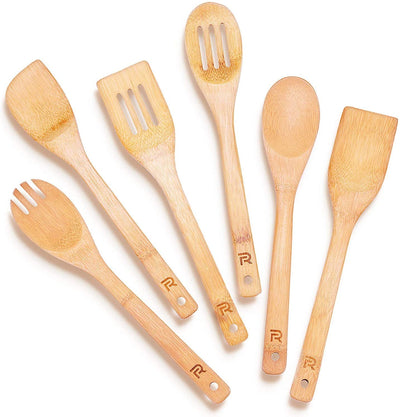 Bamboo Wooden Spoons for Cooking 6-Piece , Apartment Essentials Wood Spatula Spoon Nonstick Kitchen Utensil Set Premium Quality Housewarming Gifts for Everyday Use