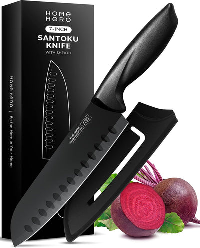 Chef Knife, Santoku Knife, Utility Knife, Paring Knife, Cheese Knife, Grapefruit & Tomato Knife - High Carbon Stainless Steel Knives Ergonomic Handle (2 Pcs - Black Santoku Knife)