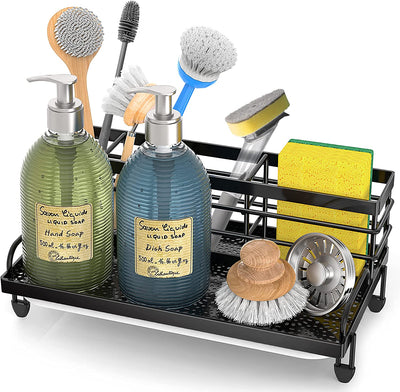 Kitchen Sink Caddy Organizer, Rustproof Non-Slip Soap Dish Dispenser Brush, Sponge Holder for Kitchen Sink, Kitchen Organization and Storage, Home Essentials Accessories（Matte Black）