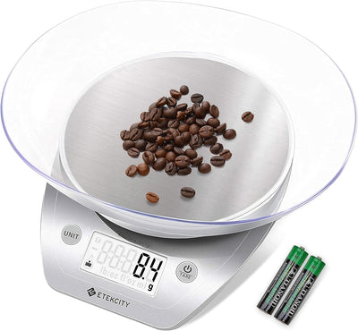 Food Scale, 11Lb/0.1G, Digital Kitchen Scale with Detachable Bowl Weight Grams and Ounces for Coffee, Baking, Cooking, Large LCD Display Stainless Steel (Batteries Included)