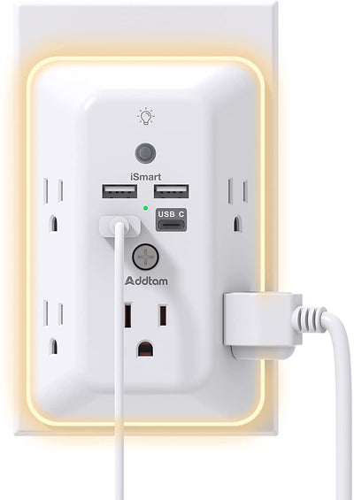 Surge Protector, Multi Plug Outlet Extender with Night Light for Home, Office, School,  5-Outlet Splitter and 4 USB Ports(1 USB C), Wall Charger Power Strip, ETL Listed