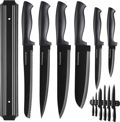 Kitchen Knife Set with No Drilling Magnetic Strip for Kitchen Black Titanium Small Cooking Knives, Sharp Stainless Steel Chef Knife Set for Cutting Meat & Vegetable