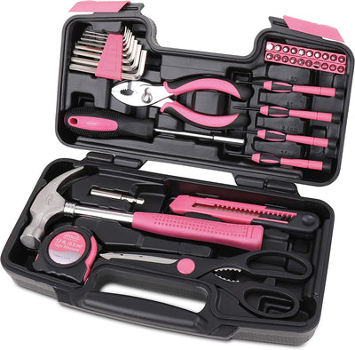 Tools Original 39 Piece General Household Tool Set in Toolbox Storage Case with Essential Hand Tools for Everyday Home Repairs, DIY and Crafts - Pink Ribbon - Pink - DT9706P