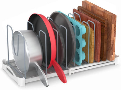 Adjustable Bakeware Organizer Pot Lid Holder Rack for Pots, Cake Molds, Cutting Boards, Mats, Cookware, GS02SS, 7.7'' Deep by 12.6'' to 21.5'' Wide