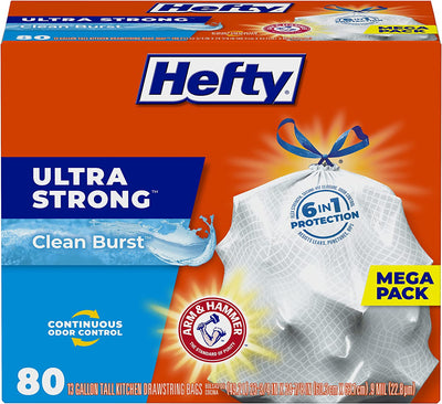 Ultra Strong Tall Kitchen Trash Bags, Clean Burst Scent, 13 Gallon, 80 Count