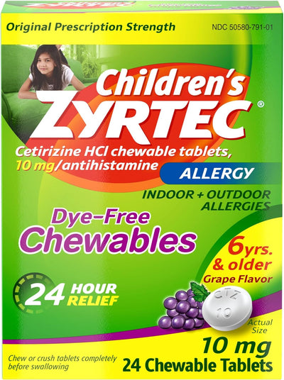 Children'S Dye-Free Chewables for 24 Hour Allergy Relief, 10 Mg Cetirizine Hcl Antihistamine Tablets, Kids Allergy Medicine Relieves Sneezing & Itchy Nose & Throat, Grape, 24 Ct