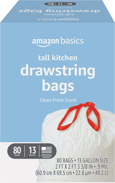 Tall Kitchen Drawstring Trash Bags, Clean Fresh Scent, 13 Gallon, 80 Count (Previously Solimo)