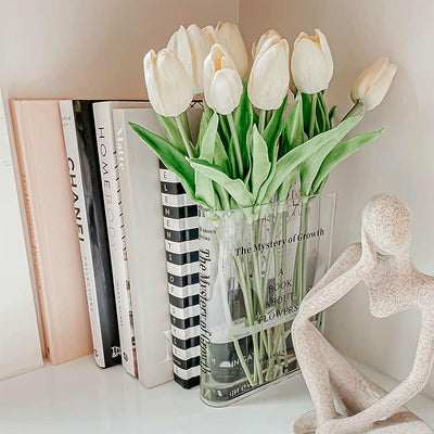 Bookend Vase for Flowers, Cute Bookshelf Decor, Unique Vase for Book Lovers, Artistic and Cultural Flavor Acrylic Vases for Home Office Decor, a Book about Flowers (Clear - B)