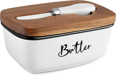 Butter Dish with Lid and Knife for Countertop, Airtight Butter Keeper for Counter or Fridge, Ceramic Butter Container with Thick Acacia Wood Lid, for Modern Kitchen Decor and Accessories, White